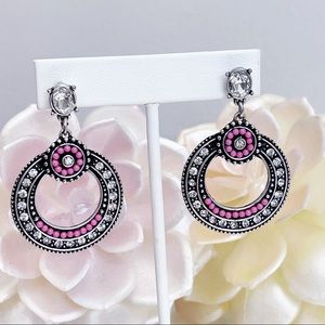 Antique Silver Tone Pink Beaded CZ Circle Earrings